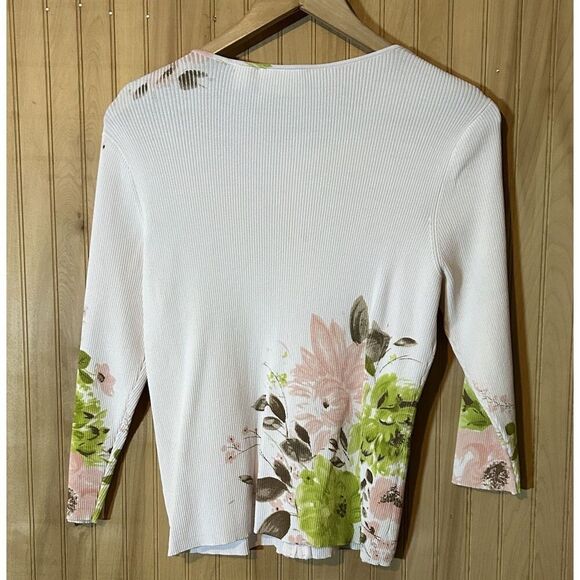 Liz Claiborne Petite Med Zip Up Sweater Cardigan 3/4 Sleeve Floral Zipper Ribbed - Picture 2 of 6